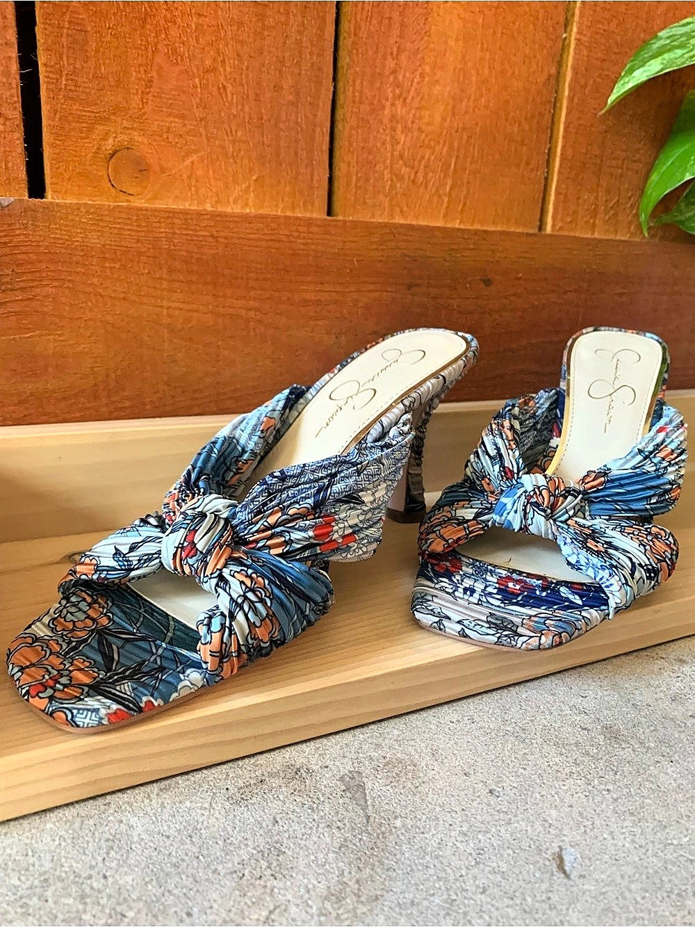 Jessica Simpson Evirra Slide Sandal Evirra Floral Bow Heels Blue & Orange US 8.5